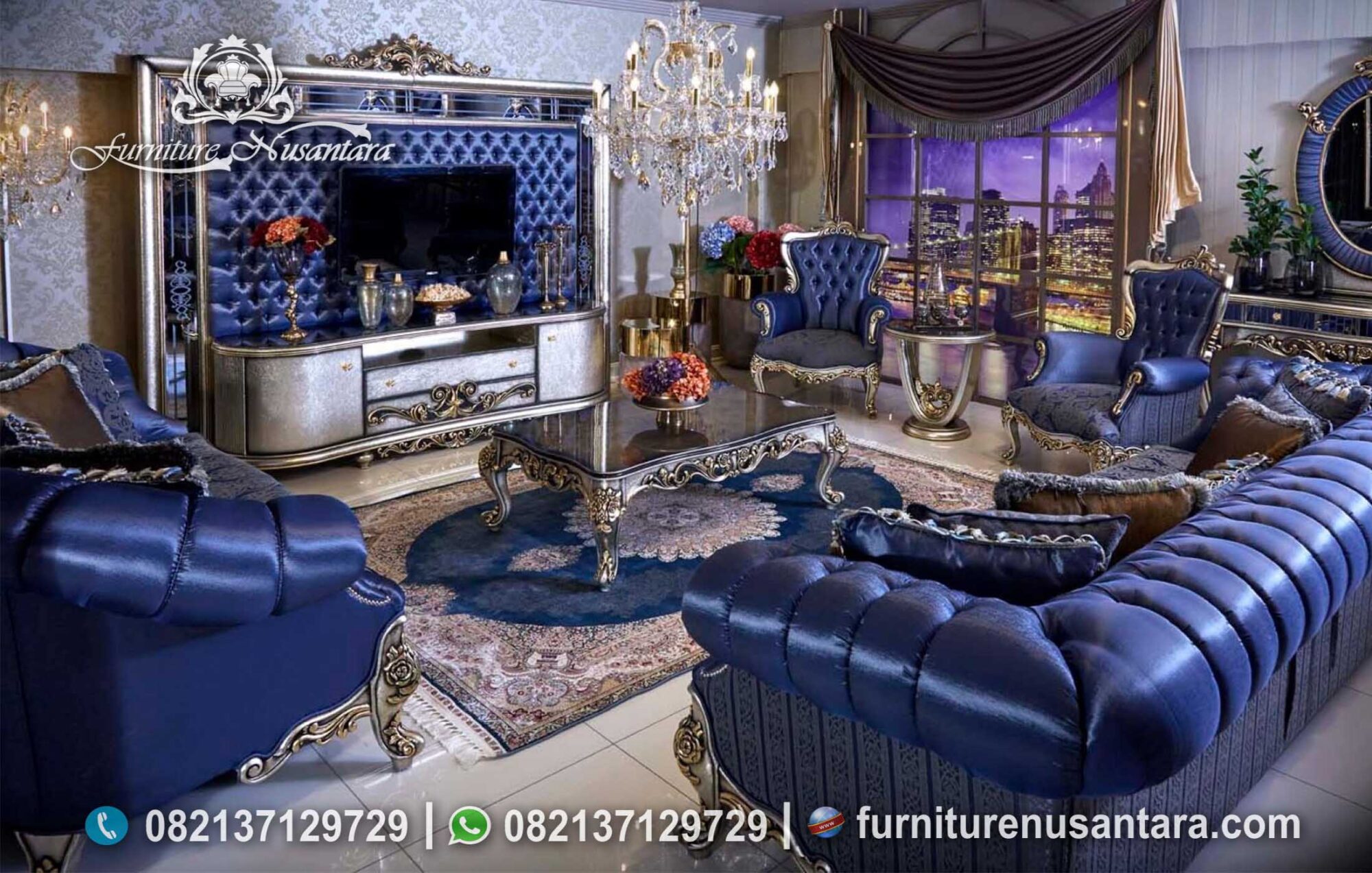 Set Sofa Chester Klasik Warna Biru ST-27, Furniture Nusantara