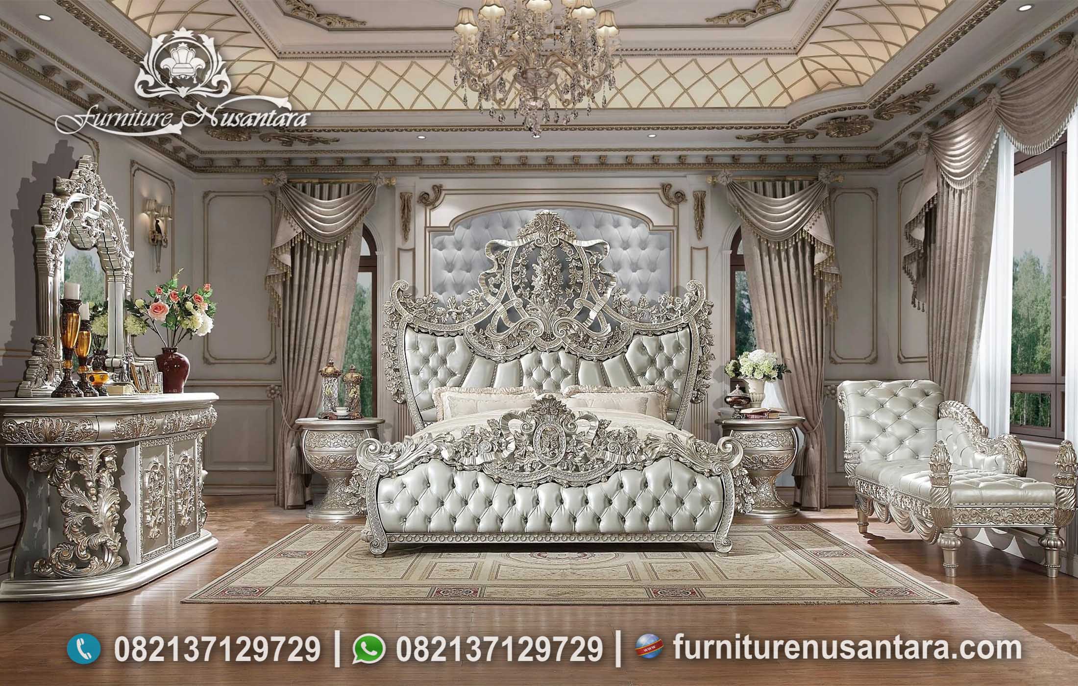 Tempat Tidur Klasik Metallic Silver Ukir Mewah KS-181, Furniture Nusantara