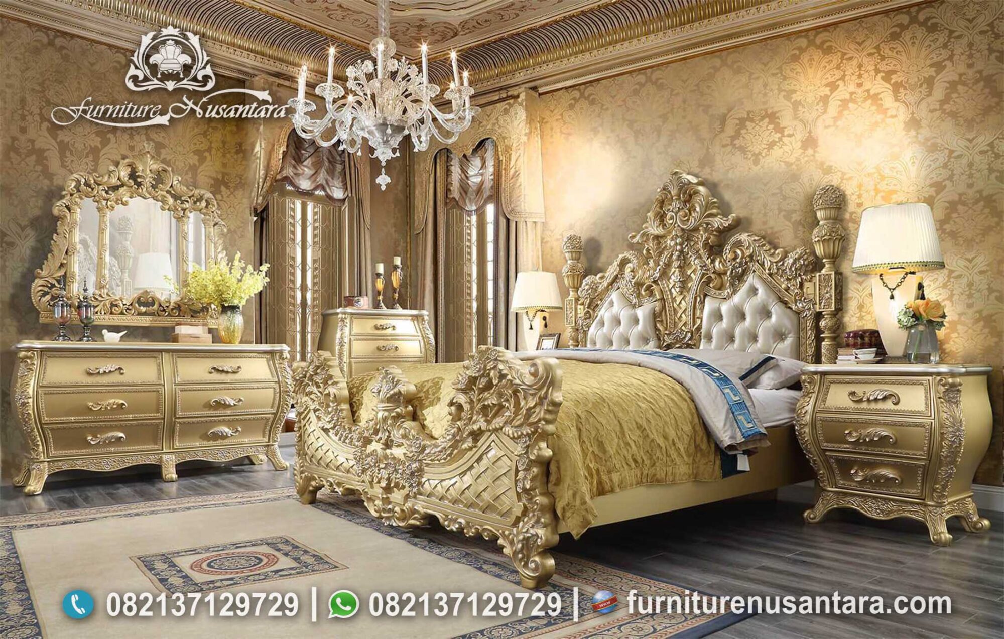 Tempat Tidur Klasik Ukir Terbaik Gold Leaf KS-185, Furniture Nusantara
