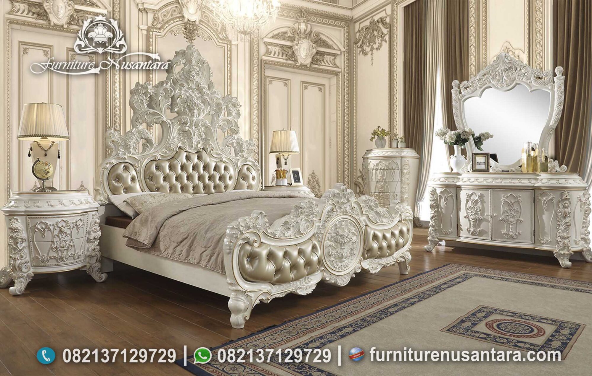 Tempat Tidur Raja Ukir Putih Mutiara KS-187, Furniture Nusantara