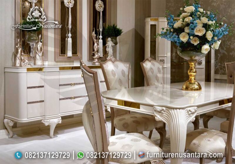 Meja Makan - Elegan Meja Makan Putih Classic Terbaru MM-205 Mewah