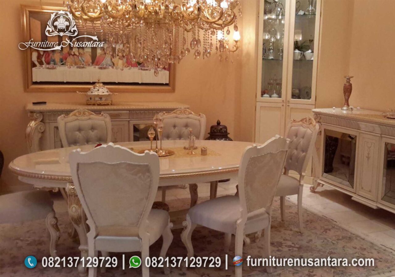 Meja Makan Cat Duco Oval 4 Kursi Terlaris Stylish untuk Ruang Makan MM-218 Putih Cream Mewah