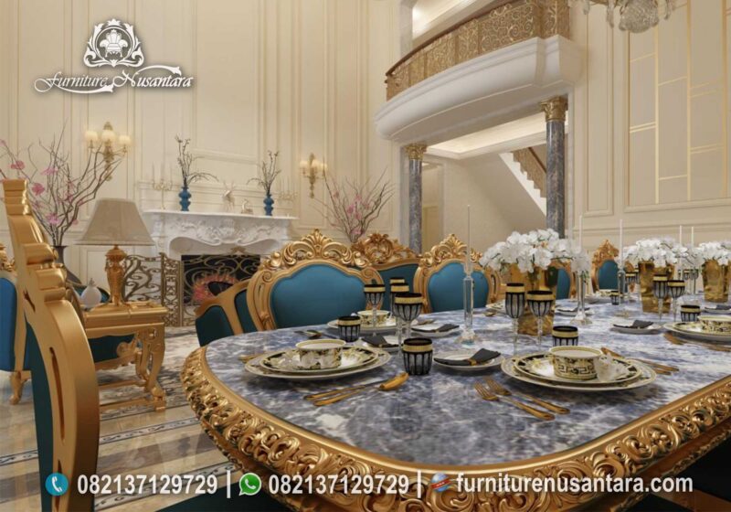 Desain Meja Makan Kayu dan Marmer Elegan dan Mewah serasi dengan Interior Warna Gold MM-229 Elegan